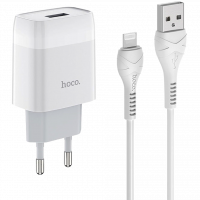 Сетевое зарядное устройство HOCO C72A Glorious 1xUSB, 2.1А   USB кабель Lightning 8-pin, 1м (белый)