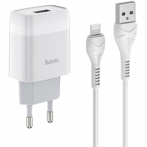 Сетевое зарядное устройство HOCO C72A Glorious 1xUSB, 2.1А   USB кабель Lightning 8-pin, 1м (белый)
