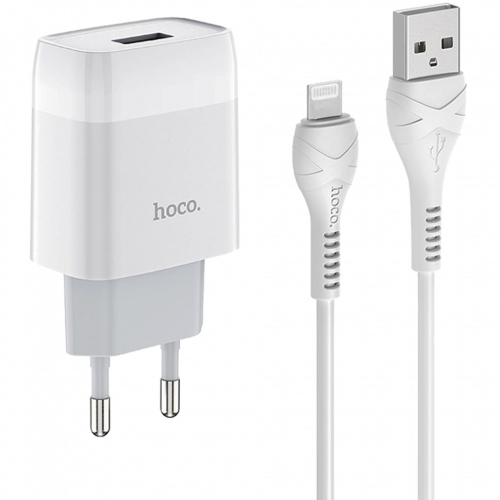 Сетевое зарядное устройство HOCO C72A Glorious 1xUSB, 2.1А USB кабель Lightning 8-pin, 1м (белый)